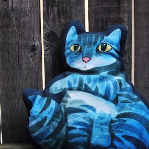Small Velvet Striped Kitty Pillow / Watercolor Cat Shaped Pillow / Blue Tabby image 1