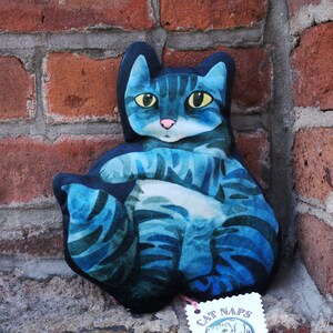 Small Velvet Striped Kitty Pillow / Watercolor Cat Shaped Pillow / Blue Tabby image 2