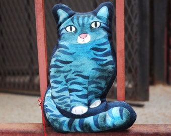 Small Velvet Striped Kitty Pillow / Watercolor Cat Shaped Pillow / Blue Tabby