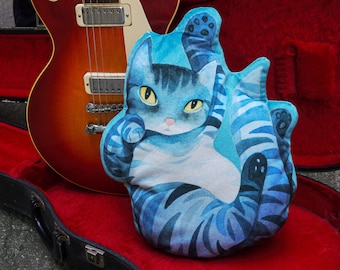 Velvet Striped Kitty Pillow / Watercolor Cat Shaped Pillow / Blue Tabby