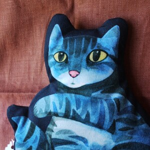 Small Velvet Striped Kitty Pillow / Watercolor Cat Shaped Pillow / Blue Tabby image 8
