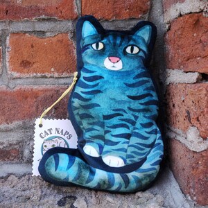 Small Velvet Striped Kitty Pillow / Watercolor Cat Shaped Pillow / Blue Tabby image 3