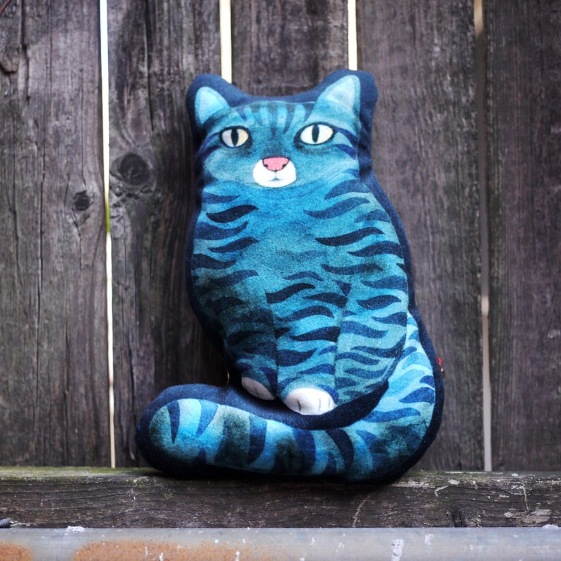 Small Velvet Striped Kitty Pillow / Watercolor Cat Shaped Pillow / Blue Tabby image 4