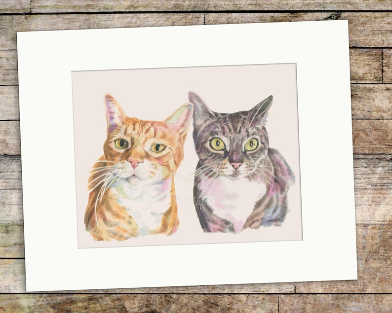 Puede incluir: Pintura acuarela de dos gatos, uno naranja y blanco y el otro gris y blanco, mirando al espectador.