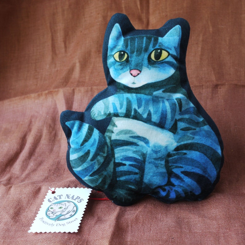 Small Velvet Striped Kitty Pillow / Watercolor Cat Shaped Pillow / Blue Tabby image 5