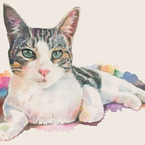 Puede incluir: Una pintura de acuarela de un gato blanco y atigrado con ojos verdes, acostado sobre un fondo colorido.