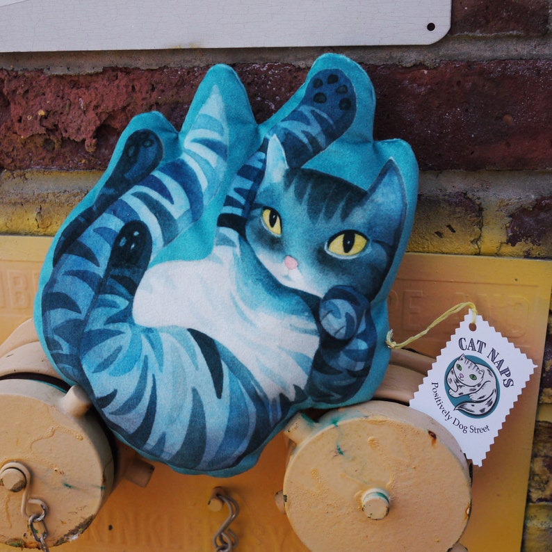 Small Velvet Striped Kitty Pillow / Watercolor Cat Shaped Pillow / Blue Tabby image 5