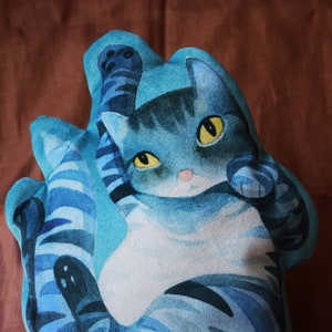 Small Velvet Striped Kitty Pillow / Watercolor Cat Shaped Pillow / Blue Tabby image 4