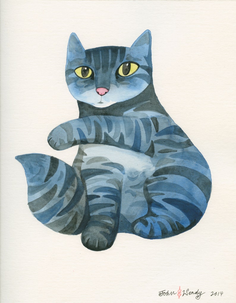 Small Velvet Striped Kitty Pillow / Watercolor Cat Shaped Pillow / Blue Tabby image 10