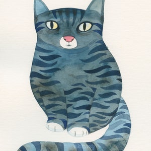 Small Velvet Striped Kitty Pillow / Watercolor Cat Shaped Pillow / Blue Tabby image 7
