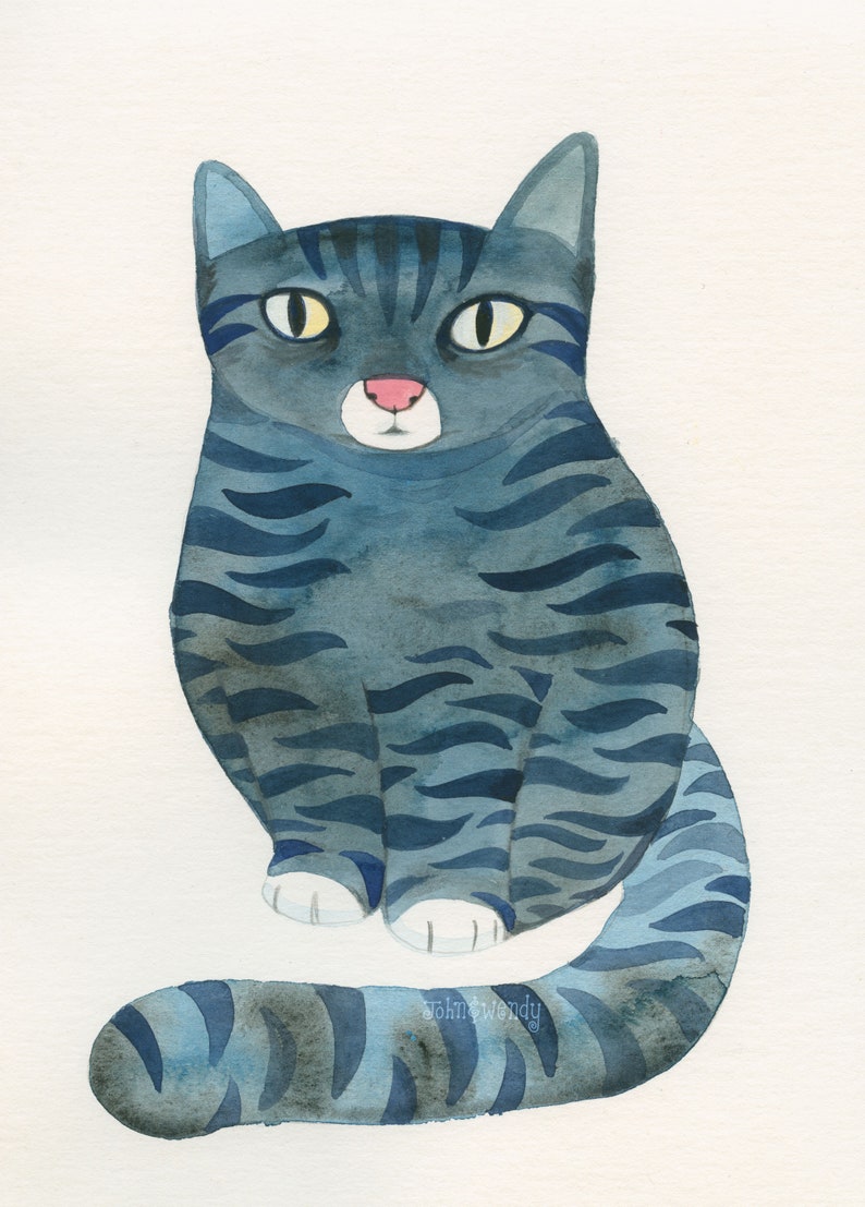 Small Velvet Striped Kitty Pillow / Watercolor Cat Shaped Pillow / Blue Tabby image 7