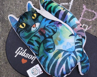 Velvet Striped Kitty Pillow / Watercolor Cat Shaped Pillow / Colorful Tabby