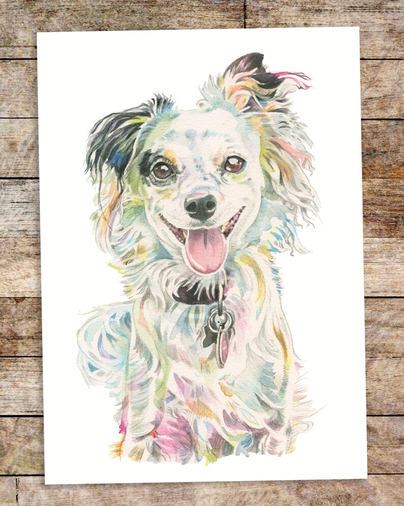 May include: Watercolor painting of a white dog with black and brown markings. The dog has a happy expression with its tongue sticking out. The painting is done in a colorful style with shades of pink, blue, green, and yellow.
