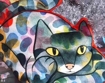 Velvet Spotted Kitty Pillow / Watercolor Cat Shaped Pillow / Colorful Tabby