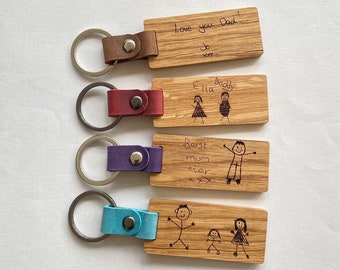 Personalised Engraved Oak & Leather Keyring, Handwritten Text, Child's Drawing, Father's Day, Mother's Day Gift, Birthday Gift, Anniversary