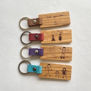 Personalised Engraved Oak & Leather Keyring, Handwritten Text, Child's Drawing, Father's Day, Mother's Day Gift, Birthday Gift, Anniversary image 1