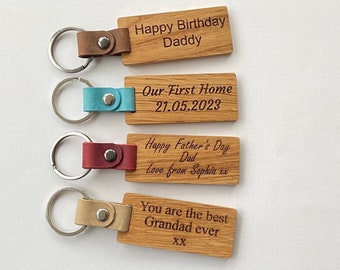 Personalised Engraved Oak & Leather Keyring, Father's Day Gift, Birthday Gift, 5th Anniversary Gift, 3rd Anniversary Gift, New Home Gift