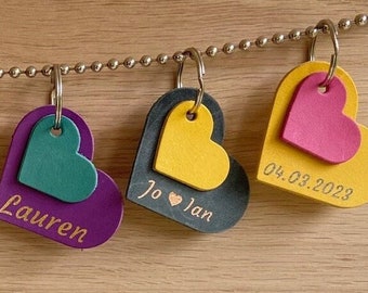 Personalised Leather Double Heart Keyring, Heart Keyring with Name, Date or Initials, Colourful Bag Charm