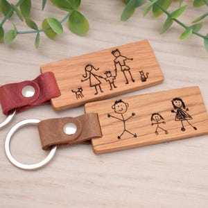Handmade Personalised Solid Oak & Leather Keyring: Engraved Child's Drawing Gift with a Silver Ring image 5