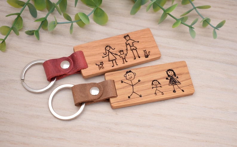 Handmade Personalised Solid Oak & Leather Keyring: Engraved Child's Drawing Gift with a Silver Ring image 5