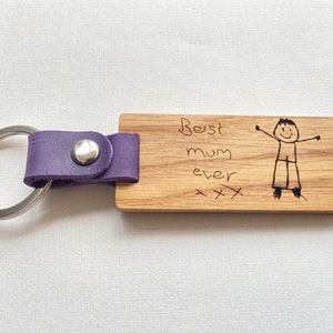 Personalised Engraved Oak & Leather Keyring, Handwritten Text, Child's Drawing, Father's Day, Mother's Day Gift, Birthday Gift, Anniversary image 5