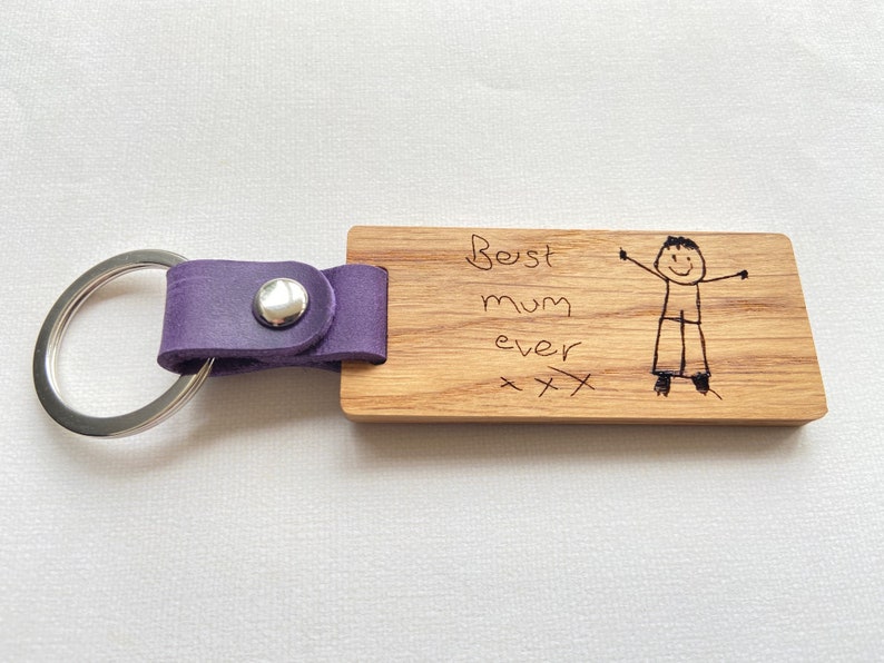 Personalised Engraved Oak & Leather Keyring, Handwritten Text, Child's Drawing, Father's Day, Mother's Day Gift, Birthday Gift, Anniversary image 5