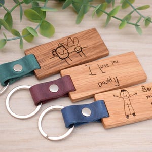 Handmade Personalised Solid Oak & Leather Keyring: Engraved Child's Drawing Gift with a Silver Ring image 3