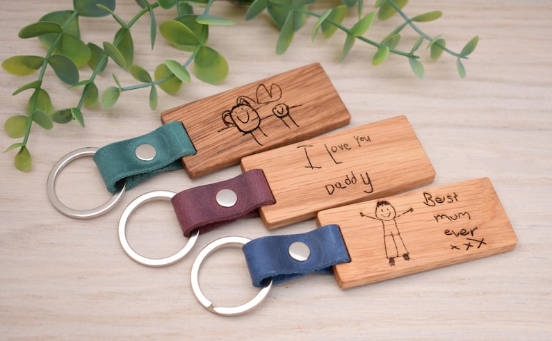 Handmade Personalised Solid Oak & Leather Keyring: Engraved Child's Drawing Gift with a Silver Ring image 3