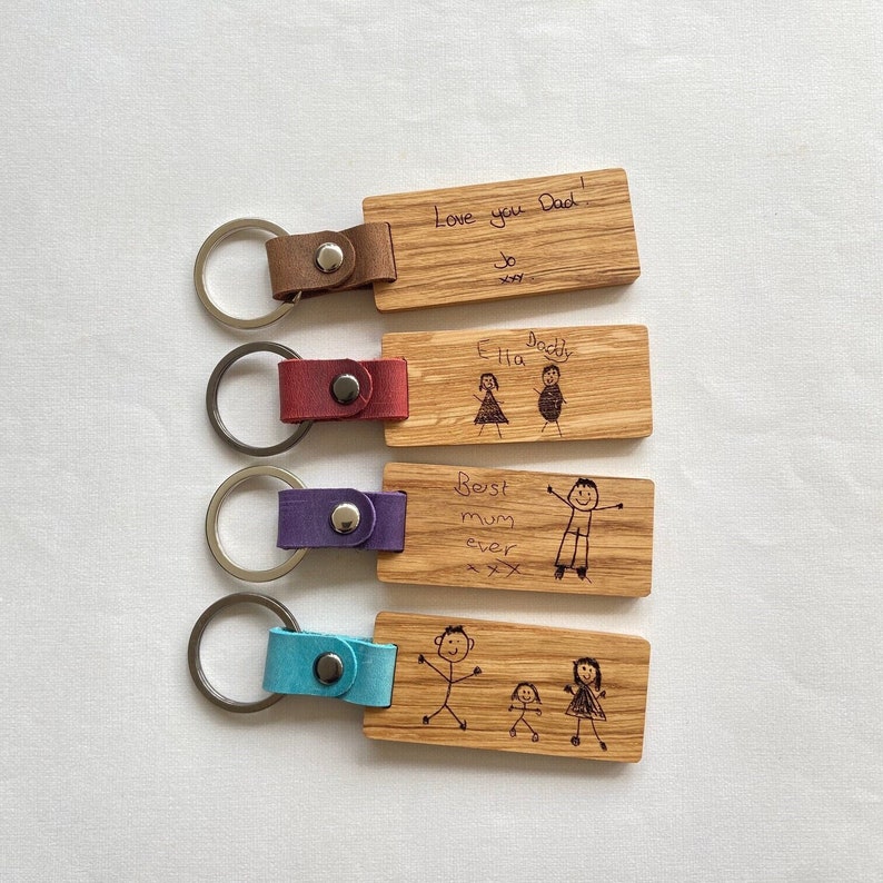 Personalised Engraved Oak & Leather Keyring, Handwritten Text, Child's Drawing, Father's Day, Mother's Day Gift, Birthday Gift, Anniversary image 1