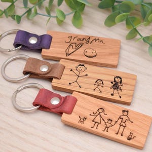 Handmade Personalised Solid Oak & Leather Keyring: Engraved Child's Drawing Gift with a Silver Ring image 4