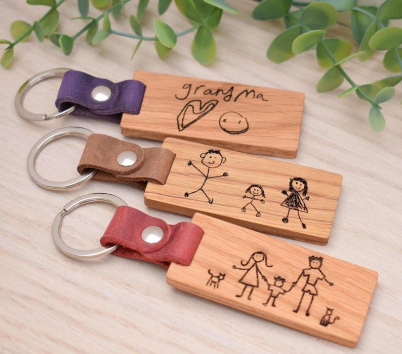 Handmade Personalised Solid Oak & Leather Keyring: Engraved Child's Drawing Gift with a Silver Ring image 4
