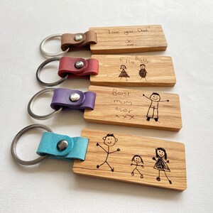 Personalised Engraved Oak & Leather Keyring, Handwritten Text, Child's Drawing, Father's Day, Mother's Day Gift, Birthday Gift, Anniversary image 2