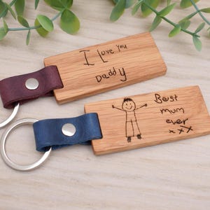 Handmade Personalised Solid Oak & Leather Keyring: Engraved Child's Drawing Gift with a Silver Ring image 6