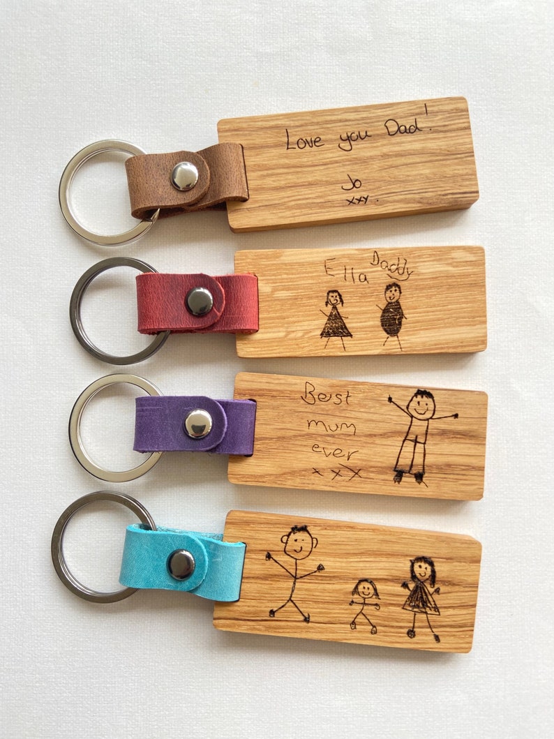 Personalised Engraved Oak & Leather Keyring, Handwritten Text, Child's Drawing, Father's Day, Mother's Day Gift, Birthday Gift, Anniversary image 3