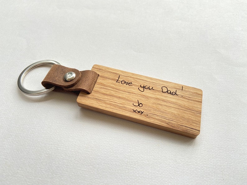 Personalised Engraved Oak & Leather Keyring, Handwritten Text, Child's Drawing, Father's Day, Mother's Day Gift, Birthday Gift, Anniversary image 4