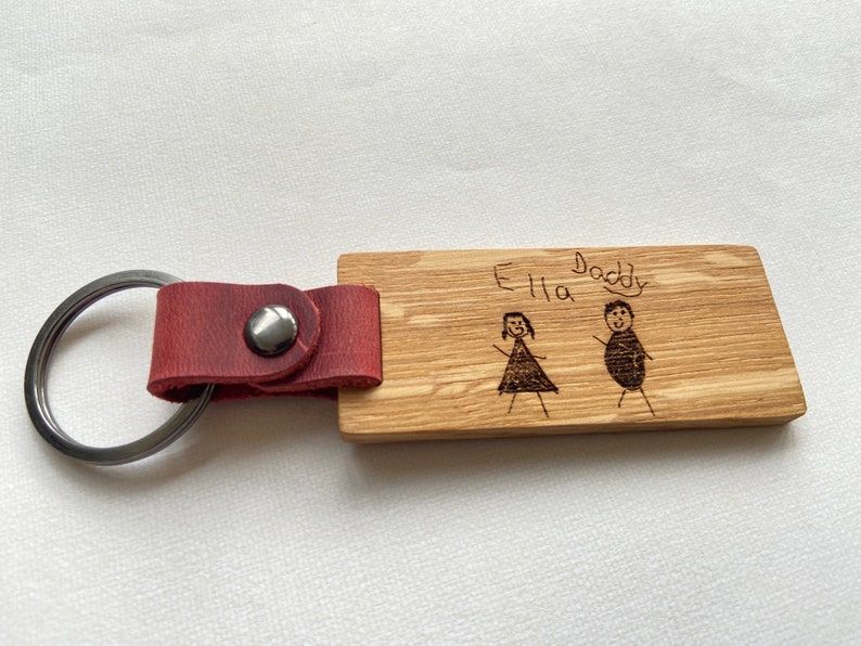 Personalised Engraved Oak & Leather Keyring, Handwritten Text, Child's Drawing, Father's Day, Mother's Day Gift, Birthday Gift, Anniversary image 7