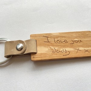 Personalised Engraved Oak & Leather Keyring, Handwritten Text, Child's Drawing, Father's Day, Mother's Day Gift, Birthday Gift, Anniversary image 8