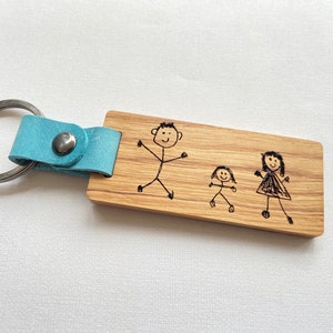Personalised Engraved Oak & Leather Keyring, Handwritten Text, Child's Drawing, Father's Day, Mother's Day Gift, Birthday Gift, Anniversary image 6