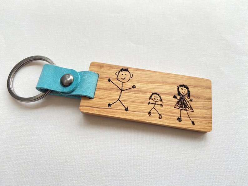 Personalised Engraved Oak & Leather Keyring, Handwritten Text, Child's Drawing, Father's Day, Mother's Day Gift, Birthday Gift, Anniversary image 6