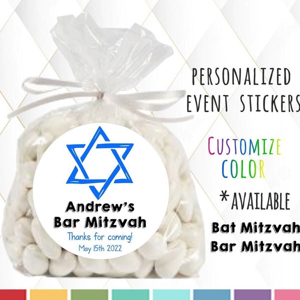 Personalisierte Bar Mitzvah Favor Labels, Fledermaus Mitzvah, Davidstern, jüdische Feier, Candy Buffet, Leckerlibeutel, Lollipop Aufkleber