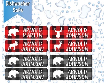 School Name Labels, Daycare Name Labels, Boy, Waterproof, Baby Bottle Labels, Woodland, Deer Antlers, Red Black Plaid