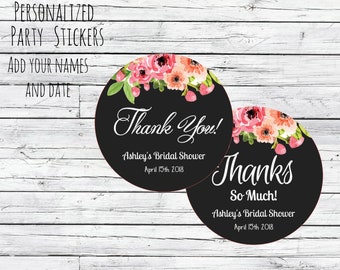 Wedding Stickers, Wedding Favor Stickers, Thank You, Bridal Shower, Baby Shower, Wedding Party Favor, Chalkboard and Cream Flowers