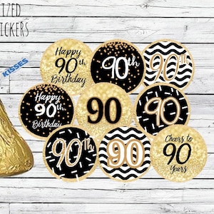 90th Birthday Party Decorations, Black and Gold Birthday Party Favors, Happy 80th Birthday Stickers   for Chocolate Kisses, 108 Stickers
