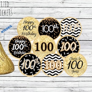 100th Birthday Party Decorations, Black and Gold Birthday Party Favors, Happy 100th Birthday Stickers for Chocolate Kisses