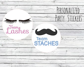 Lashes or Staches Gender Reveal Party Stickers Team Boy, Team Girl, Baby Shower Voting, Favor Tags, Labels, You Choose Size