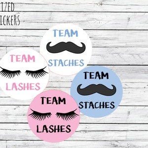 May include: Four round stickers with the text "Team Lashes" and "Team Staches" in black text on a pink, white, and blue background. The stickers feature eyelashes and mustaches.