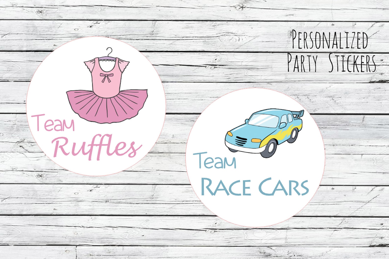 Team Race Car or Team Ruffles Gender Reveal Party Stickers Team Boy ...