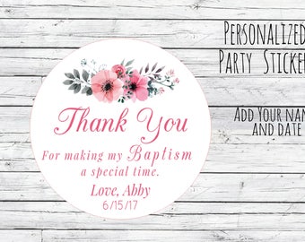 Baptism Stickers, Baptism, Christening, Favor Tags, Baptism Labels, Church Party, Flower Labels, Pink , God Bless Labels Religious Stickers,