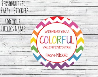 Valentine's Day Stickers, Personalized Valentine's Day Stickers Wishing You a Colorful Valentine's Day, Hearts Kids Party, Treat bag