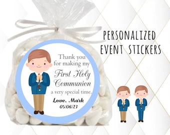 First Communion Stickers, Personalized First Holy Communion Favor Labels, Thank You Stickers, Boy Holy Communion Stickers, Communion Favor